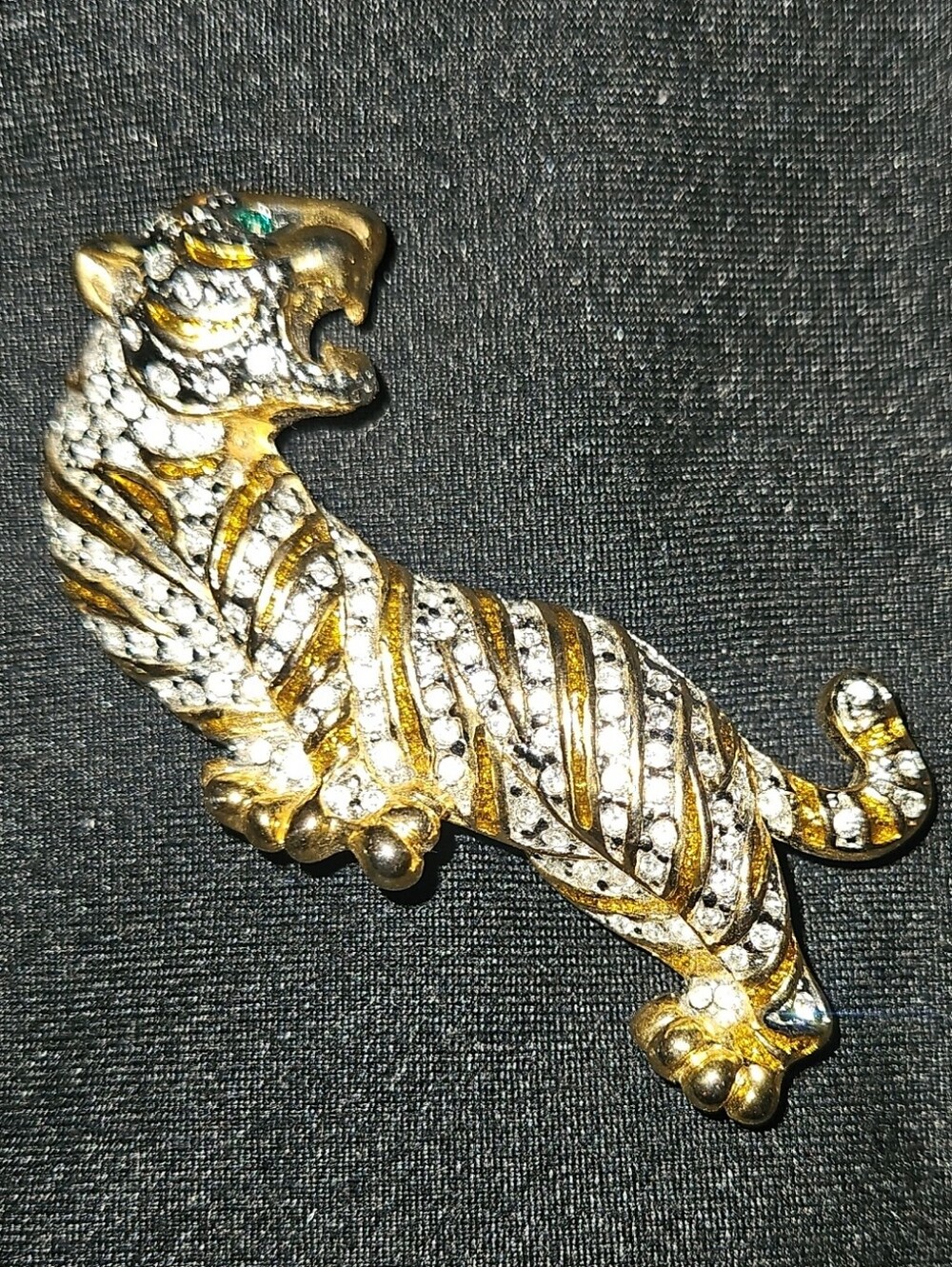 Gold & Crystal Tiger Brooch with Green Eye Accent